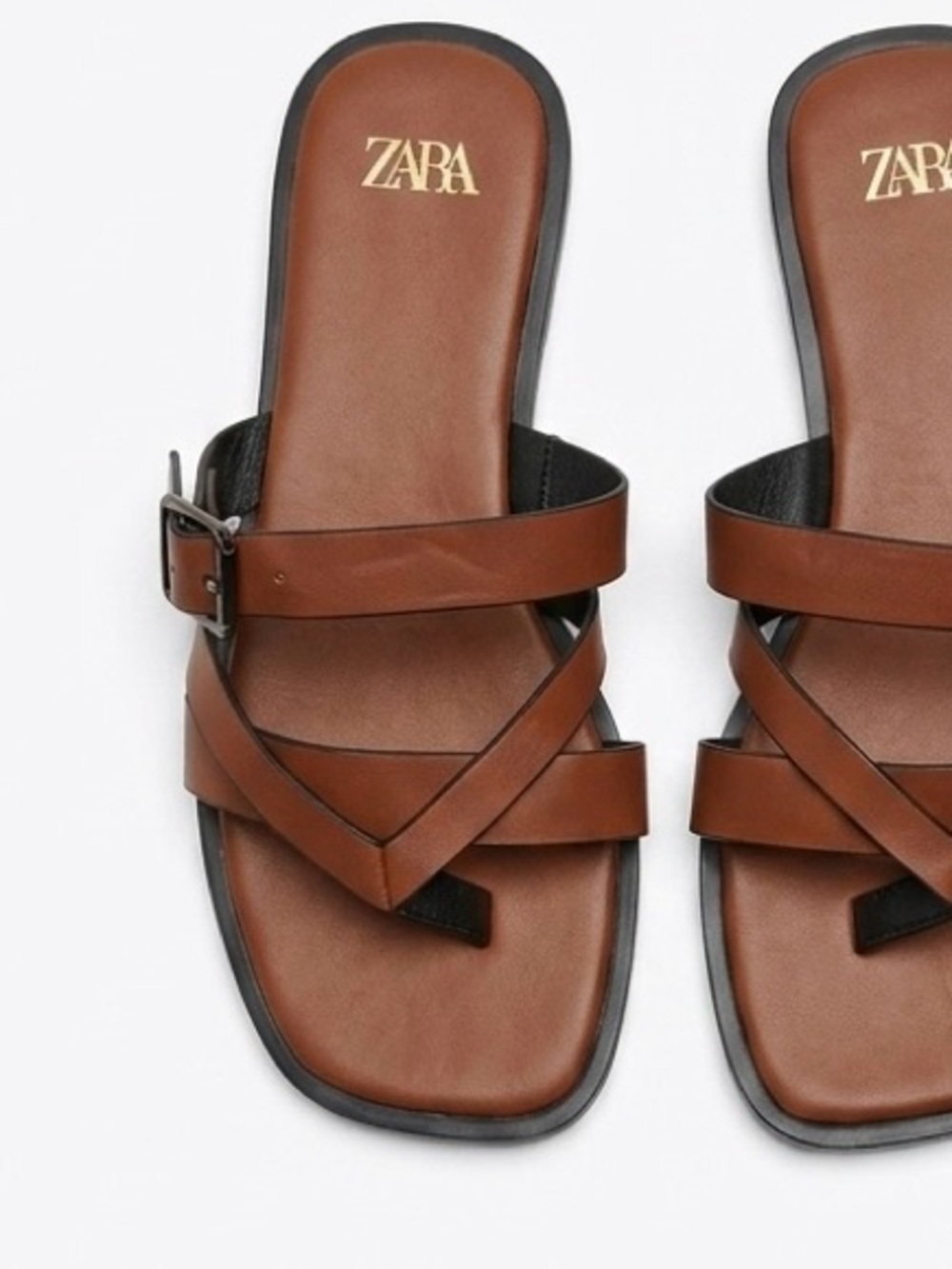 Zara Tan Brown Cross-Strap Leather Slide Sandals